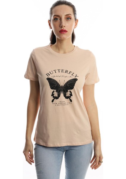 Kadın Kelebek Baskılı T-Shirt Bej