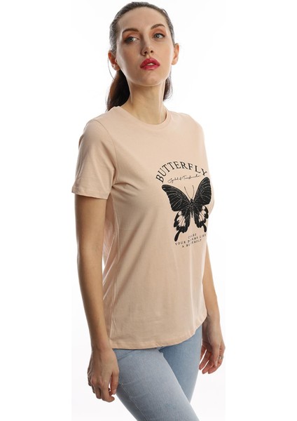 Kadın Kelebek Baskılı T-Shirt Bej
