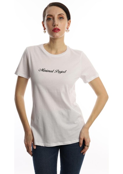Kadın Minimal Project Basklı T-Shirt Beyaz