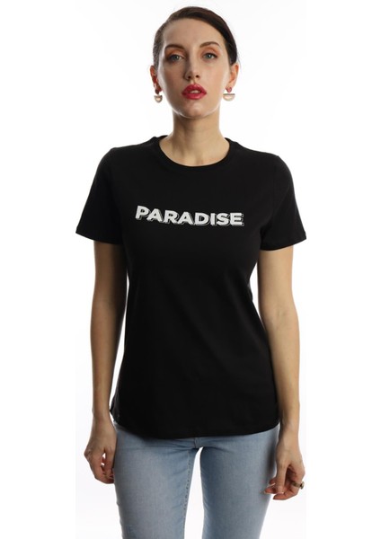 Polo State Kadın Paradise Baskılı Bisiklet Yaka T-Shirt Siyah