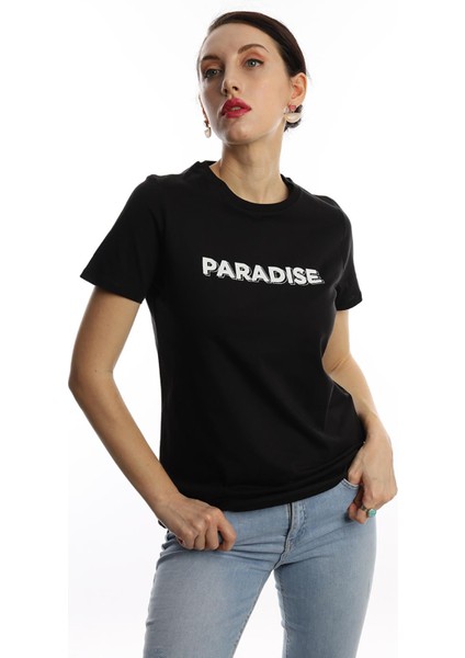 Polo State Kadın Paradise Baskılı Bisiklet Yaka T-Shirt Siyah