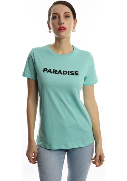 Polo State Kadın Paradise Baskılı Bisiklet Yaka T-Shirt Turkuaz