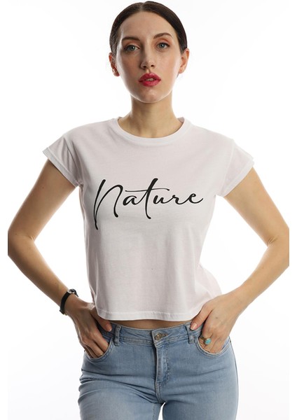 Polo State Kadın Nature Yazı Baskılı Crop T-Shirt Beyaz