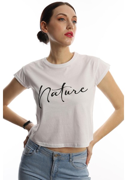 Polo State Kadın Nature Yazı Baskılı Crop T-Shirt Beyaz