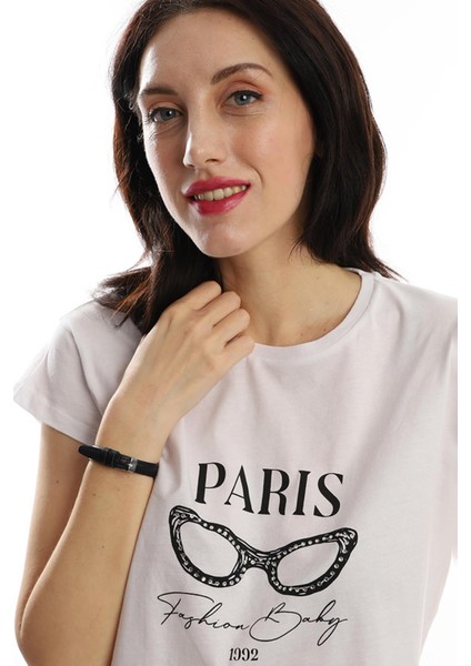 Polo State Kadın Paris Yazı Baskılı Crop T-Shirt Beyaz