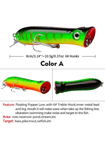 Bir Stil 10 Renk Popper Unlure Olta Takımı 3.15 "-8cm. Balıkçılık Lures Popper Lures Bas Yemler 6 # Kanca Balık Yemi (Yurt Dışından)