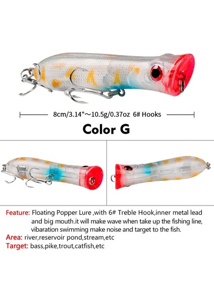 G Tarzı 10 Renk Popper Unlure Olta Takımı 3.15 "-8cm. Balıkçılık Lures Popper Lures Bas Yemler 6 # Kanca Balık Yemi (Yurt Dışından)
