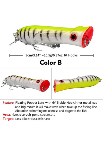 B Tarzı 10 Renk Popper Unlure Olta Takımı 3.15 "-8cm. Balıkçılık Lures Popper Lures Bas Yemler 6 # Kanca Balık Yemi (Yurt Dışından)