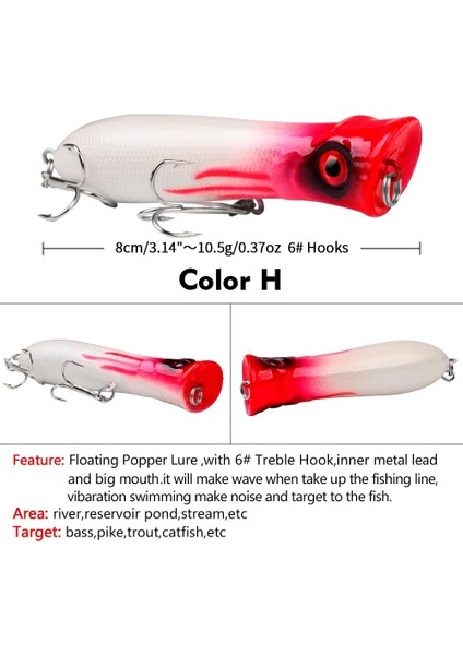 H Tarzı 10 Renk Popper Unlure Olta Takımı 3.15 "-8cm. Balıkçılık Lures Popper Lures Bas Yemler 6 # Kanca Balık Yemi (Yurt Dışından)