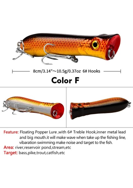 F Stili 10 Renk Popper Unlure Olta Takımı 3.15 "-8cm. Balıkçılık Lures Popper Lures Bas Yemler 6 # Kanca Balık Yemi (Yurt Dışından)