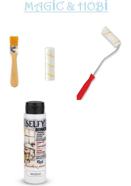 Selfy Decor Kendinden Vernikli Mobilya Boyama Seti 500CC Antik Beyaz Rulo+Yedeği+No:2 Fırça