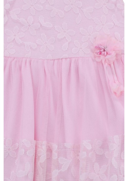 Çiçekli Tüllü Kız Elbise Pembe
