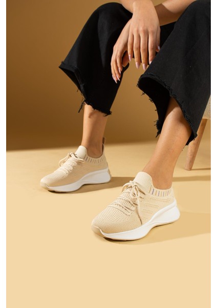 Faina Kadın Sneakers Triko Dokumalı Bağcıklı Spor Ayakkabı Bej