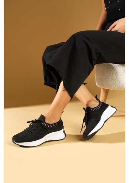 Faina Kadın Sneakers Triko Dokumalı Bağcıklı Spor Ayakkabı Siyah