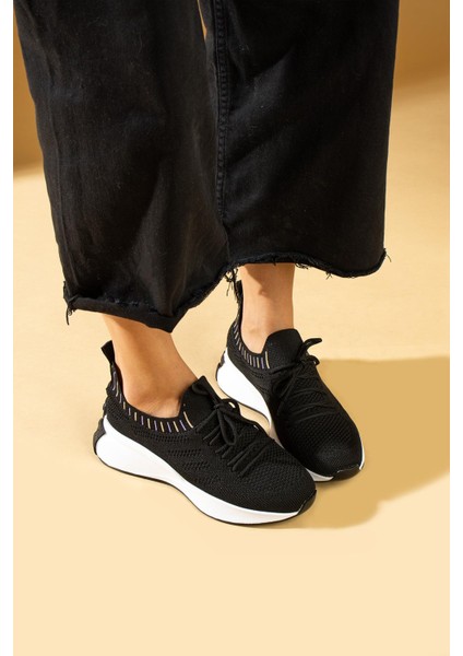 Faina Kadın Sneakers Triko Dokumalı Bağcıklı Spor Ayakkabı Siyah