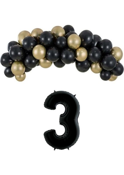 Mini Zincir Balon Seti Siyah-Krom gold+3 34inç Siyah Folyo 30 Adet +Balon Şeridi
