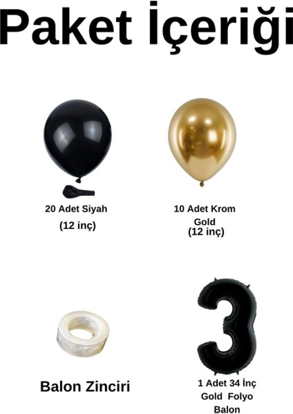 Mini Zincir Balon Seti Siyah-Krom gold+3 34inç Siyah Folyo 30 Adet +Balon Şeridi fiyatları