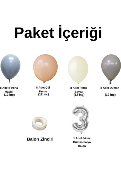 3 Yaş Doğum Günü Seti Fırtına Mavisi-DumanGri-Çöl Kumu-Retro Beyaz 30 lu (Gümüş)