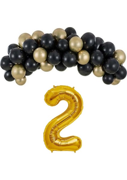 Mini Zincir Balon Seti Siyah-Krom gold+2 34inç Gold Folyo 30 Adet +Balon Şeridi