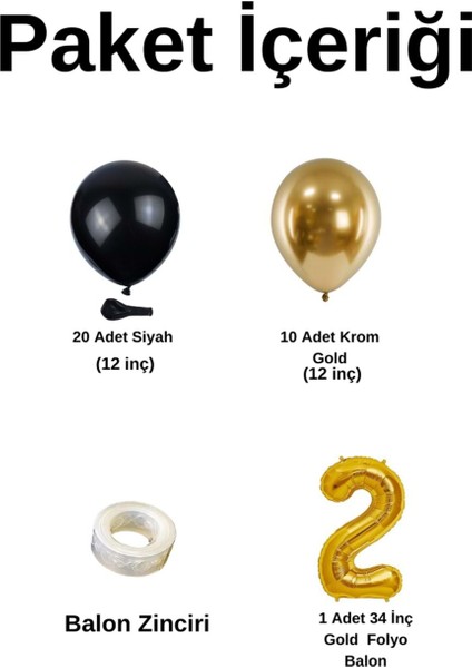 Mini Zincir Balon Seti Siyah-Krom gold+2 34inç Gold Folyo 30 Adet +Balon Şeridi fiyatları