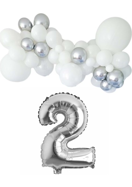 Mini Zincir Balon Seti Beyaz-Krom Gümüş+2 34inç Gümüş Folyo 30 Adet +Balon Şeridi