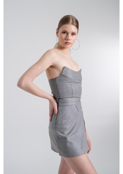 Yırtmaçlı Asimetrik Bel Simli Çizgili Eden Mini Etek Gri fırsatları