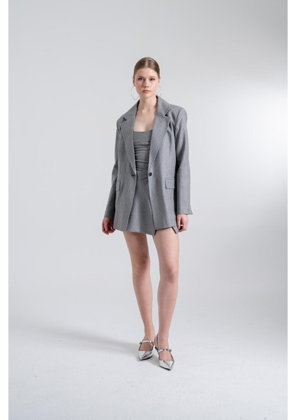 Yırtmaçlı Asimetrik Bel Simli Çizgili Eden Mini Etek Gri indirimleri