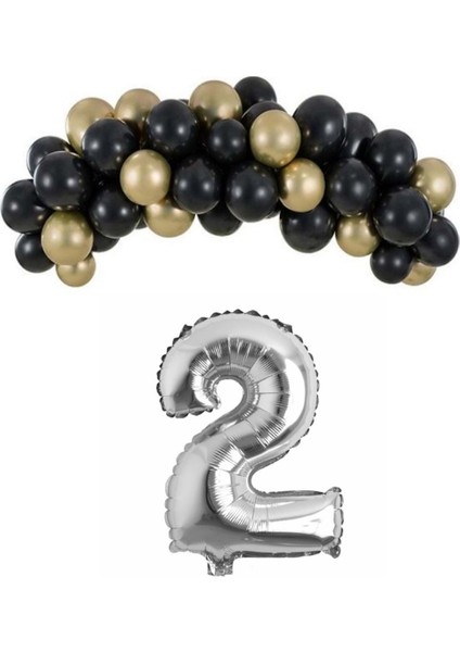 Mini Zincir Balon Seti Siyah-Krom gold+2 34inç Gümüş Folyo 30 Adet +Balon Şeridi