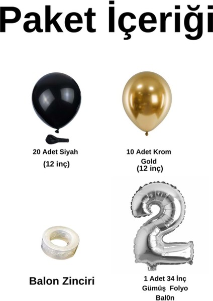 Mini Zincir Balon Seti Siyah-Krom gold+2 34inç Gümüş Folyo 30 Adet +Balon Şeridi fiyatları