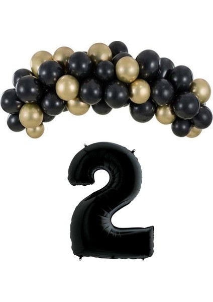 Mini Zincir Balon Seti Siyah-Krom gold+2 34inç Siyah Folyo 30 Adet +Balon Şeridi
