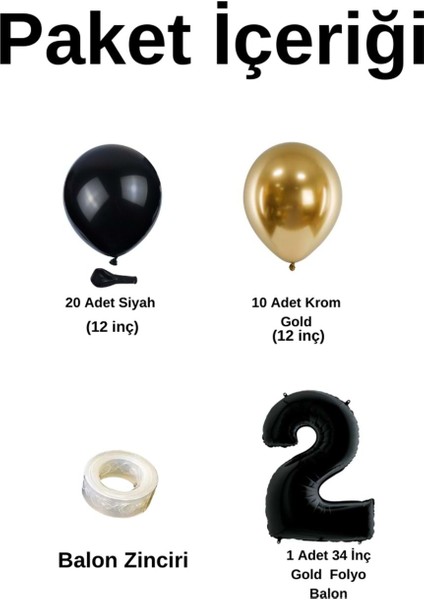 Mini Zincir Balon Seti Siyah-Krom gold+2 34inç Siyah Folyo 30 Adet +Balon Şeridi fiyatları