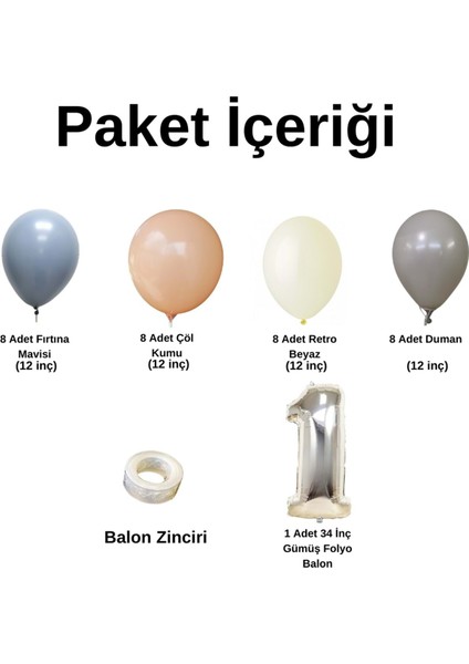 MiniZincirBalonSeti FırtınaMavisi-Duman-ÇölKumu-R.Beyaz+1 34inç GümüşFolyoBalon 30Adet+BalonŞerid fiyatları