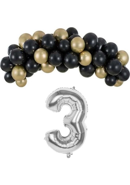Mini Zincir Balon Seti Siyah-Krom gold+3 34inç Gümüş Folyo 30 Adet +Balon Şeridi
