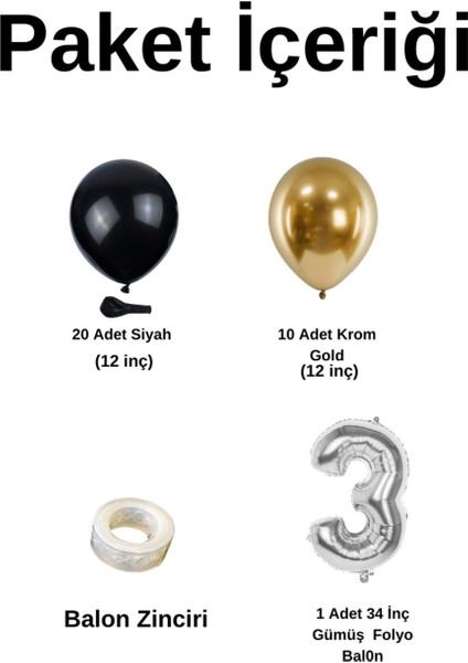 Mini Zincir Balon Seti Siyah-Krom gold+3 34inç Gümüş Folyo 30 Adet +Balon Şeridi fiyatları