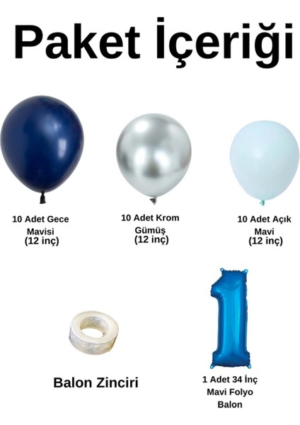 Mini Zincir Balon Seti Gece Mavisi-Krom Gümüş-Açık Mavi+1 34inç Mavi Folyo 30 Adet +Balon Şeridi fiyatları