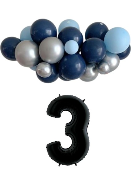 Mini Zincir Balon Seti Gece Mavisi-Krom Gümüş-Açık Mavi+3 34inç Siyah Folyo 30 Adet +Balon Şeridi
