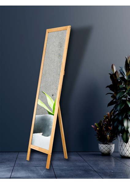 Ayaklı Boy Aynası Naturel Doğal Ahşap 145X40