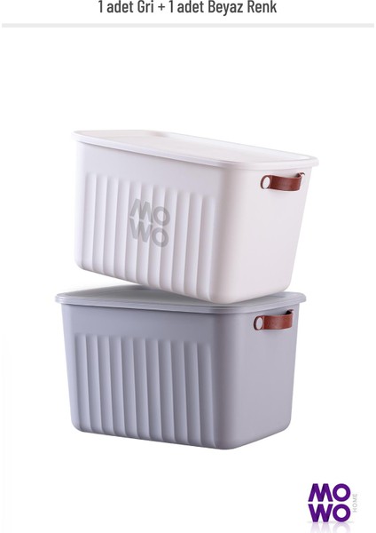 Mowo Home Storage Box Beyaz-Gri 2 Adet 15 Lt Çok Amaçlı Düzenleyici Kapaklı Kutu, Dekoratif Saklama Kutusu, Organizer