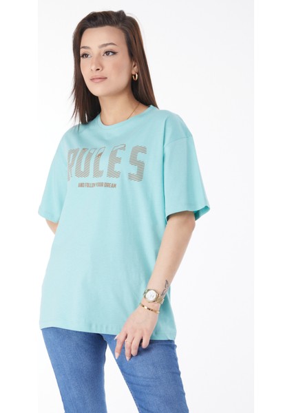 24631-MINT Bisiklet Yaka Kısa Kollu Baskılı T-Shirt