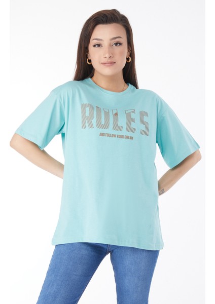 24631-MINT Bisiklet Yaka Kısa Kollu Baskılı T-Shirt