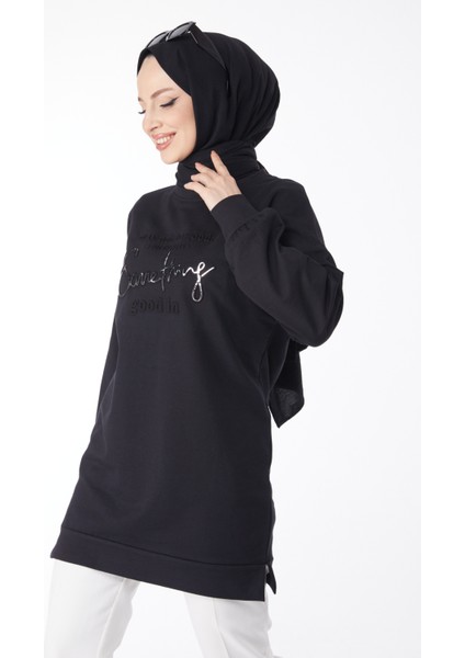 24609-SIYAH Bisiklet Yaka Baskılı Uzun Kollu Sweatshirt