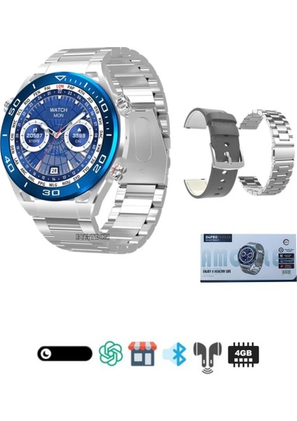 D4 Pro Amoled Ekran 4 GB Dahili Hafıza Market/müzik Özellikli 3 Kordonlu Watch 4 Pro Akıllı Saat