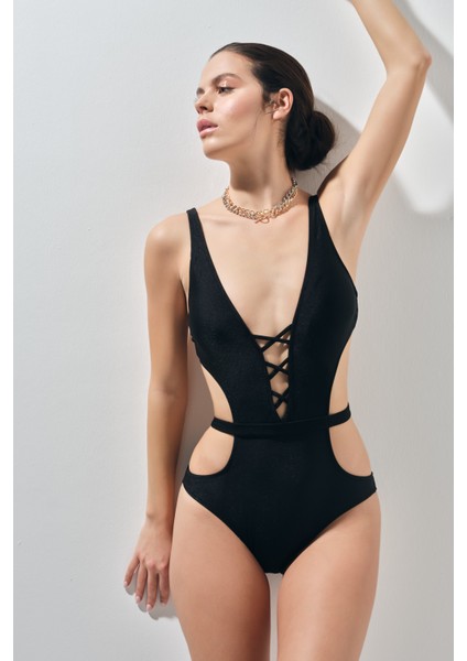 Kadın Siyah Derin Dekolteli Mayokini 23S107ST