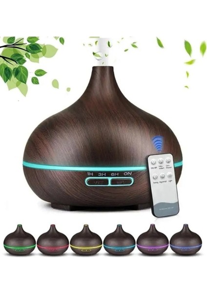 Kahverengi Aroma Difüzör Gece Işığı 7 LED Nemlendirici Kumandalı Buhar Makinesi 550ML 2 Yıl