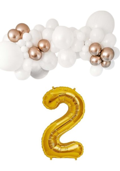 Mini Zincir Balon Seti Beyaz-Krom Rose Gold+2 34inç Gold Folyo 30 Adet +Balon Şeridi