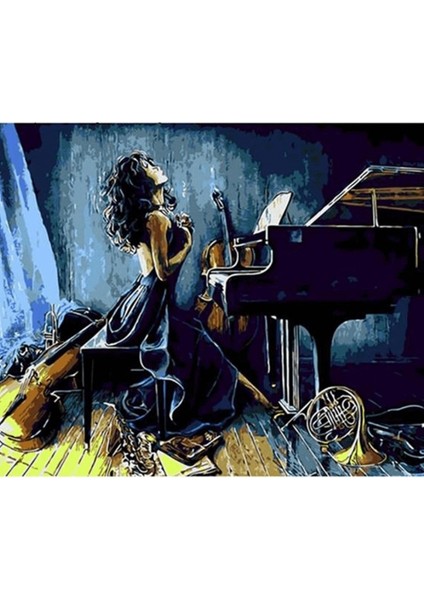 Canvas Müzik ve Kadın Sayılarla Boyama Seti Kasnaklı