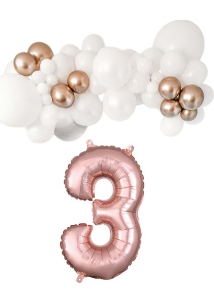 Mini Zincir Balon Seti Beyaz-Krom Rose Gold+3 34inç Rose Gold Folyo 30 Adet +Balon Şeridi