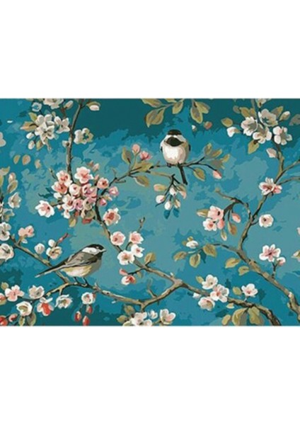 Canvas Kuslar ve Badem Ağcı Sayılarla Boyama Seti Kasnaklı