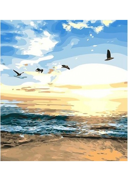 Canvas Kumsalda Gün Batımı Sayılarla Boyama Seti Kasnaklı