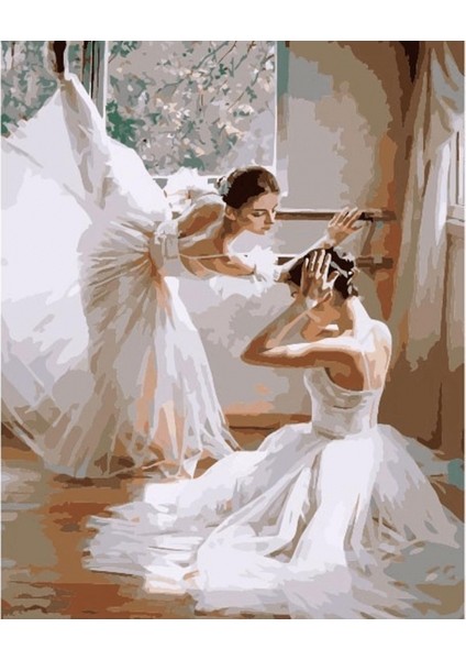 Canvas Beyaz Balerinler Sayılarla Boyama Seti Kasnaklı